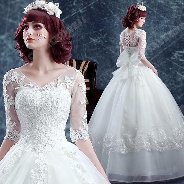 Wedding - Deep V-neck Ball Gown Lace Long-sleeved Floor-Length Wedding Dress 2016 New