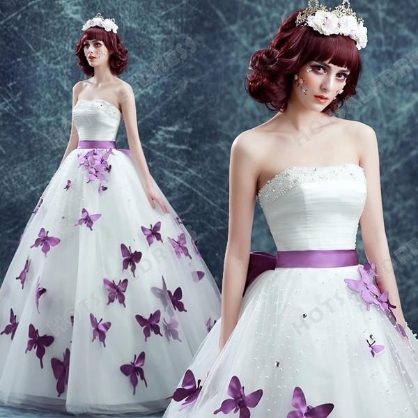 Свадьба - Purple Butterfly Strapless Ball Gown Pearl Floor-Length Wedding Dress 2016 New