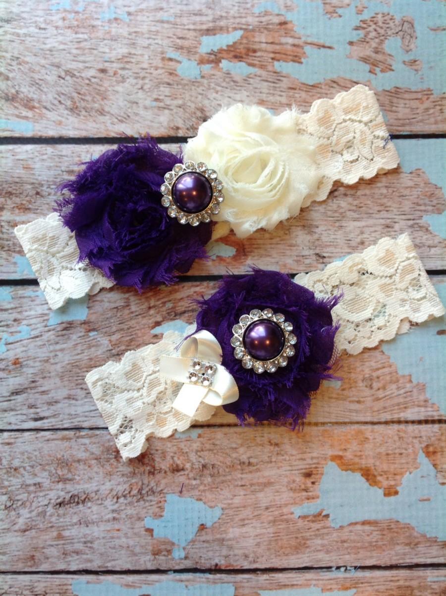 Mariage - DARK PURPLE  wedding garter set / bridal  garter/  lace garter / toss garter included /  wedding garter / vintage inspired
