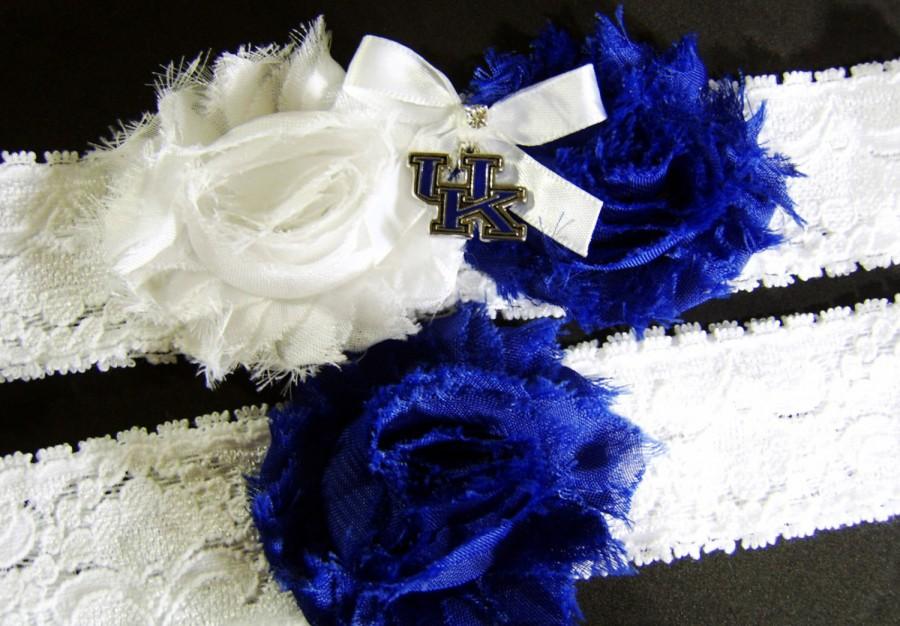 Mariage - University of Kentucky Wildcats Stretch Lace Wedding Garter Set with Blue and White or Ivory Flowers
