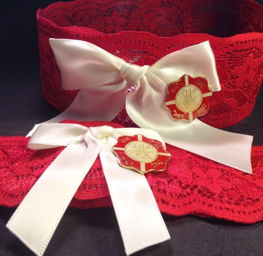 Hochzeit - Firefighter Red Stretch Lace Wedding Garter Set with Fireman's Emblem