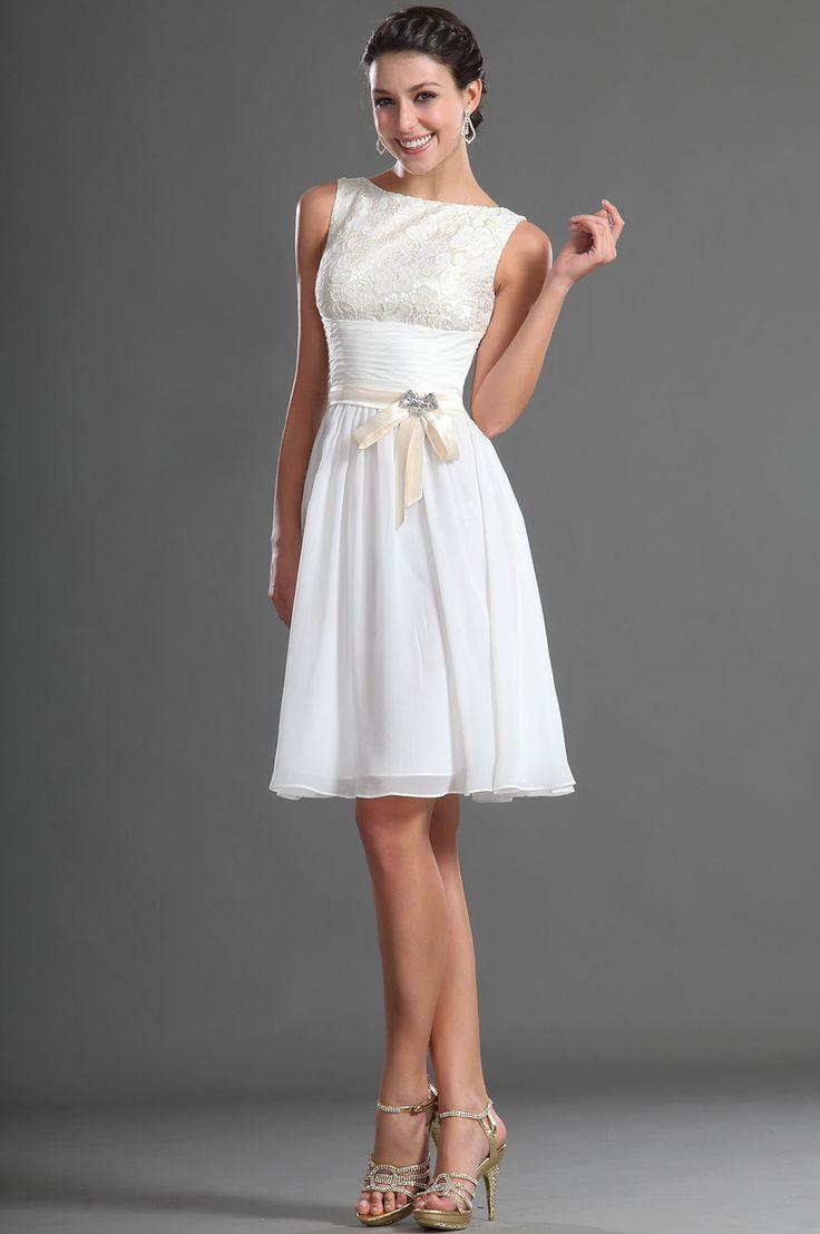 زفاف - Knee Length Modest White Chiffon Lace Short Bridesmaid Dress