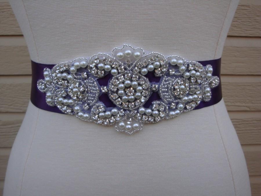 زفاف - Bridal Sash - Wedding Dress Sash Belt - Plum Purple Pearl and Rhinestone Sash - Purple Rhinestone Bridal Sash