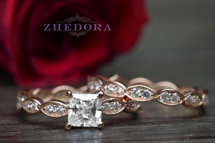 Hochzeit - 1.5 CT Princess Cut Engagement Ring band set in Solid 14k Rose Gold Bridal Wedding Set Engagement Set Lab Created Diamond Fancy Design