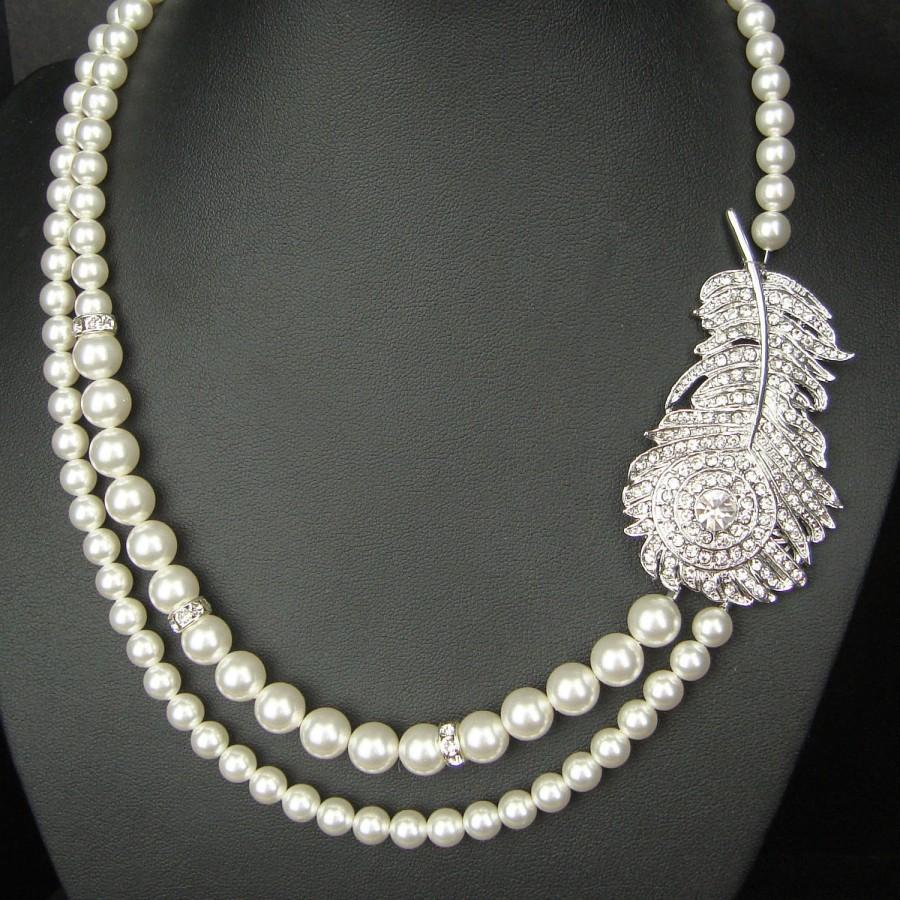 Wedding - Peacock Bridal Necklace, Vintage Wedding Necklace, Art Deco Wedding Jewelry, Ivory Pearl Bridal Jewelry, Peacock Wedding Necklace, PLUME