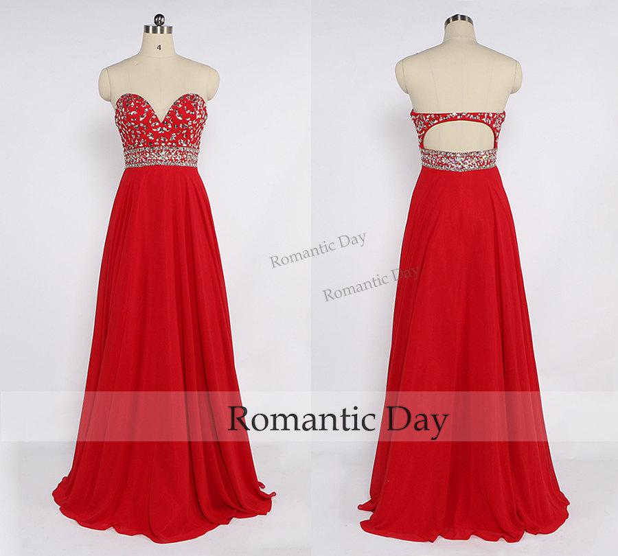 Wedding - Women Sexy Deep Sweetheart Rhinestone Backless A-Line Red Long Prom Dress/Long Party Dress/Red Evening Gown/Custom Made 0430