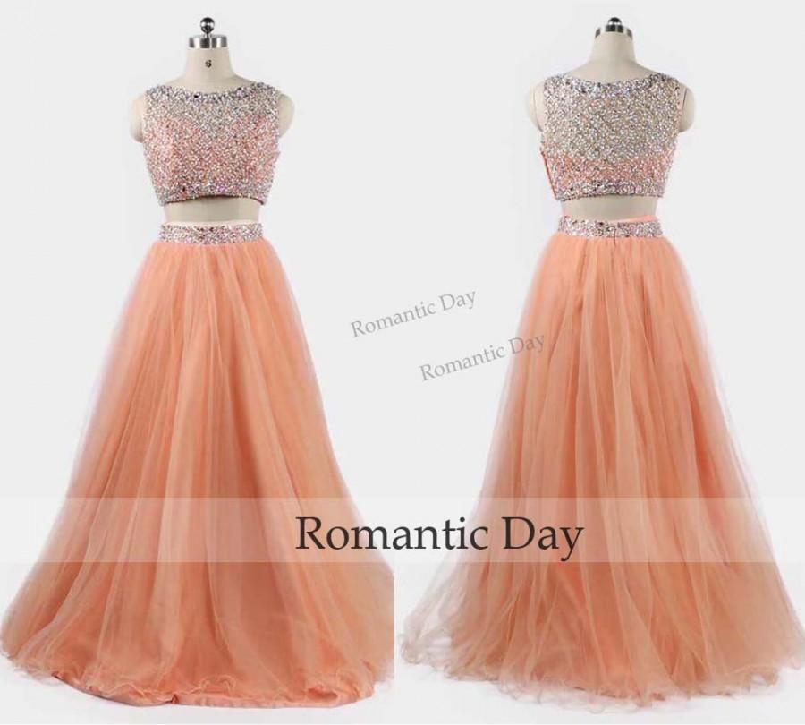Wedding - 2016 Orange Bling Two Piece Prom Dresses Tulle Beaded Rhinestone Formal Evening Gowns Long Party Dress 0506