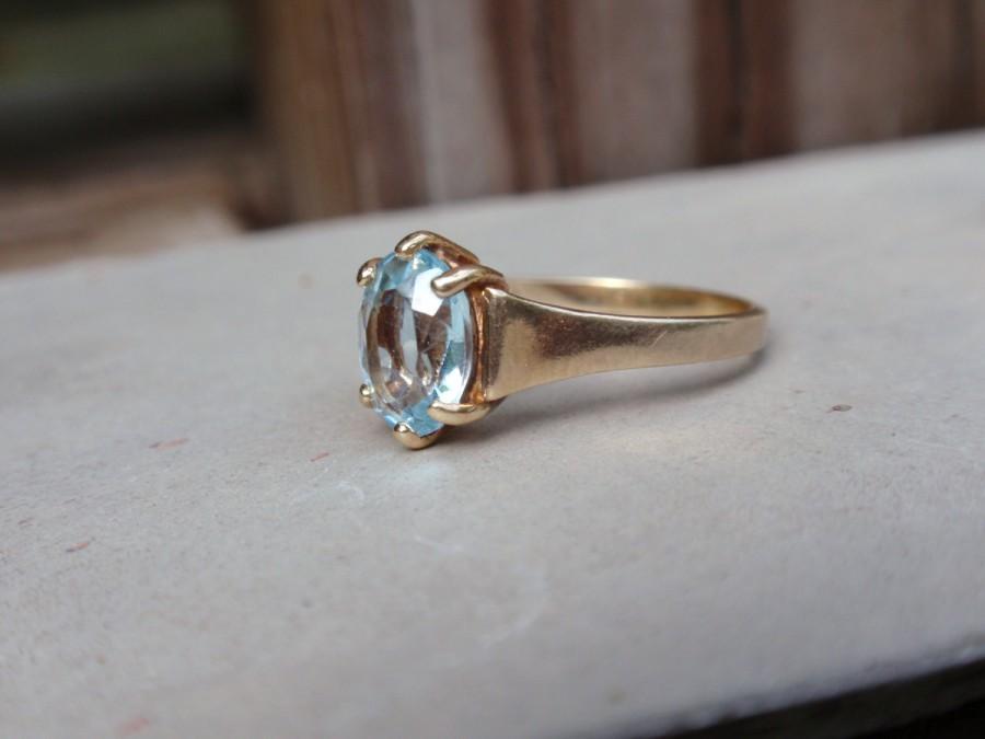 Wedding - Blue Topaz Ring 10k yellow gold ladies December birthstone oval solitaire vintage claw set