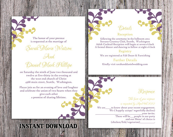 Mariage - DIY Wedding Invitation Template Set Editable Word File Instant Download Eggplant Wedding Invitation Printable Green Wedding Invitations
