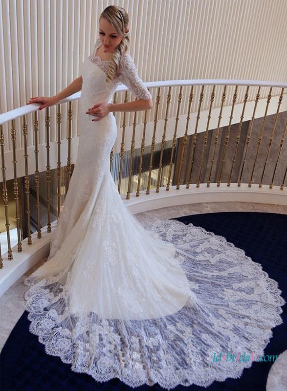 Hochzeit - H1633 Modest lace scalope half sleeves mermaid wedding dress