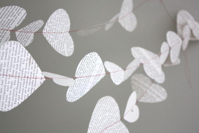 Wedding - string of hearts paper garland. old book - 10 ft. - valentine garland, bunting, wedding decoration, photo prop, wedding garland, valentine