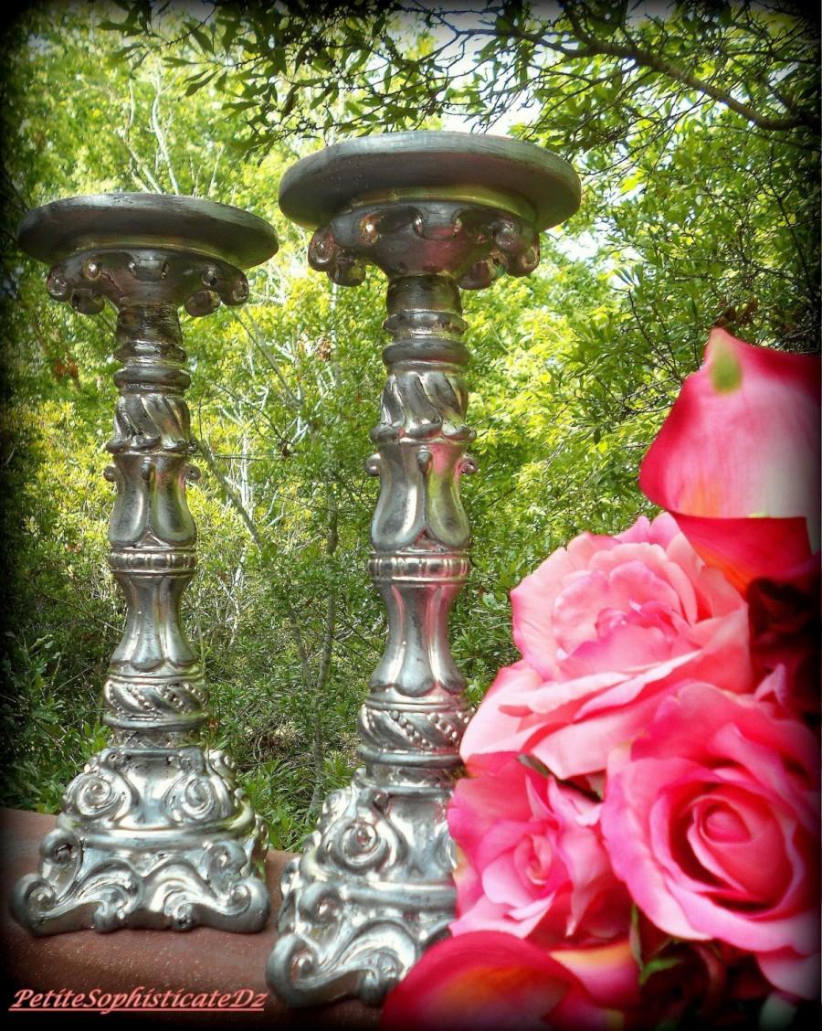 زفاف - Battered and Worn Vintage Look Silver-10" Candle Holders-"One Pair"-Fall Wedding,Washed Silver,Victorian,Farmhouse,Cottage reception,Paris