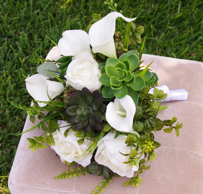 Hochzeit - Wedding Succulents and Roses Bouquet - White Roses and Callas Natural Touch Silk Flower Bride Bouquet