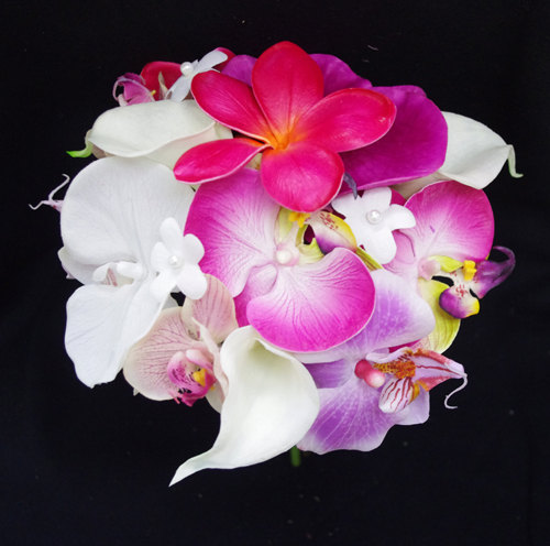 Hochzeit - Wedding Fuchsia Pink and Lilac Natural Touch Orchids and Plumerias Silk Flower Bride Bouquet