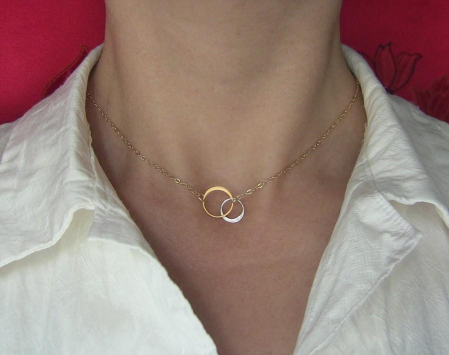 زفاف - SILVER AND GOLD Elegant Eternal Circles on Gold Chain Small, bridesmaid gift, wedding, bridal, W