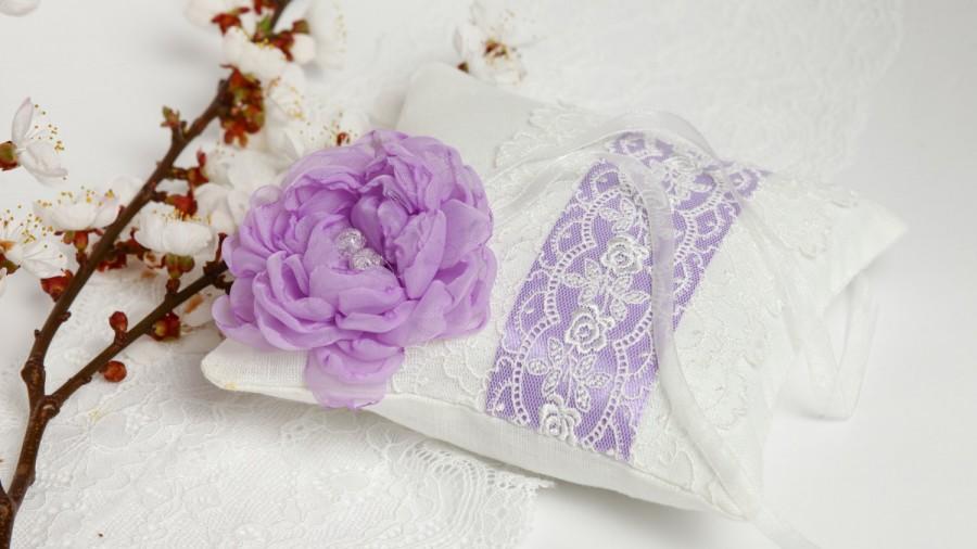 Wedding - Purple ring pillow Purple ring bearer pillow on white Flower wedding ring pillow Purple flower ring pillow Wedding ring cushion Ring pillow