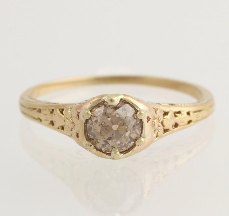 Wedding - Art Deco Engagement Ring Vintage Champagne Diamond - 14k Yellow Gold Round .92ct Unique Engagement Ring L3009 R