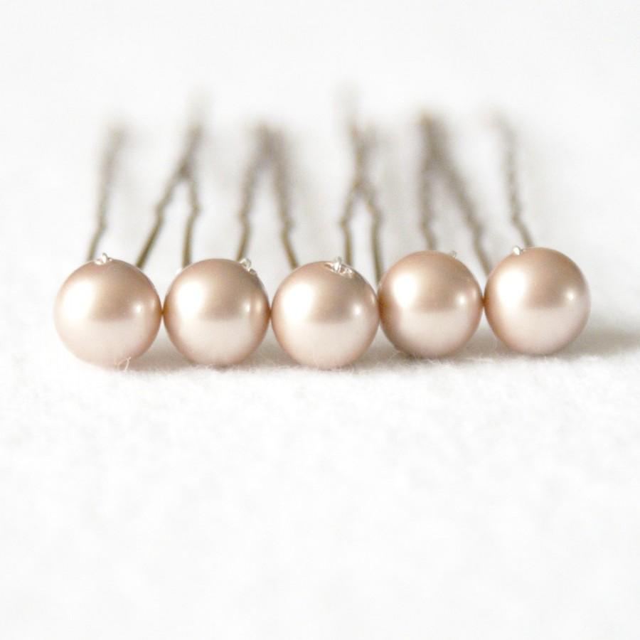 Wedding - Champagne Pearl Hair Pins. Set of 5, 8mm Swarovski Crystal Pearls. Bridal Hair Accessories.