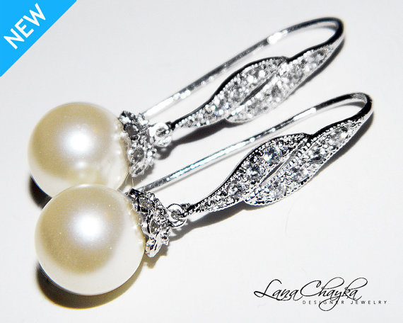 Wedding - Ivory Pearl Bridal Earrings Swarovski 10mm Pearl Sterling Silver CZ Earrings Ivory Pearl Wedding Earrings Bridal Jewelry Wedding Jewelry