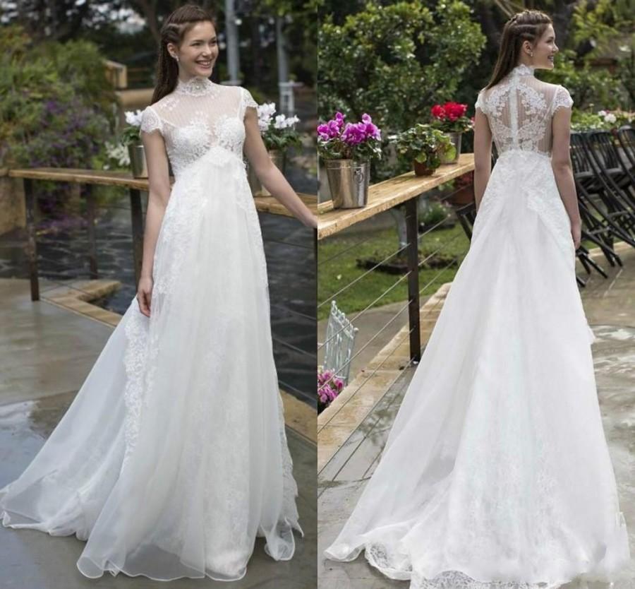 Wedding - Modest Spring Lace Noya 2016 Beach Wedding Dresses Capped Garden Sheer High Neck Cap Sleeves A-line Ball Gowns Organza Bridal Dresses Online with $102.84/Piece on Hjklp88's Store 