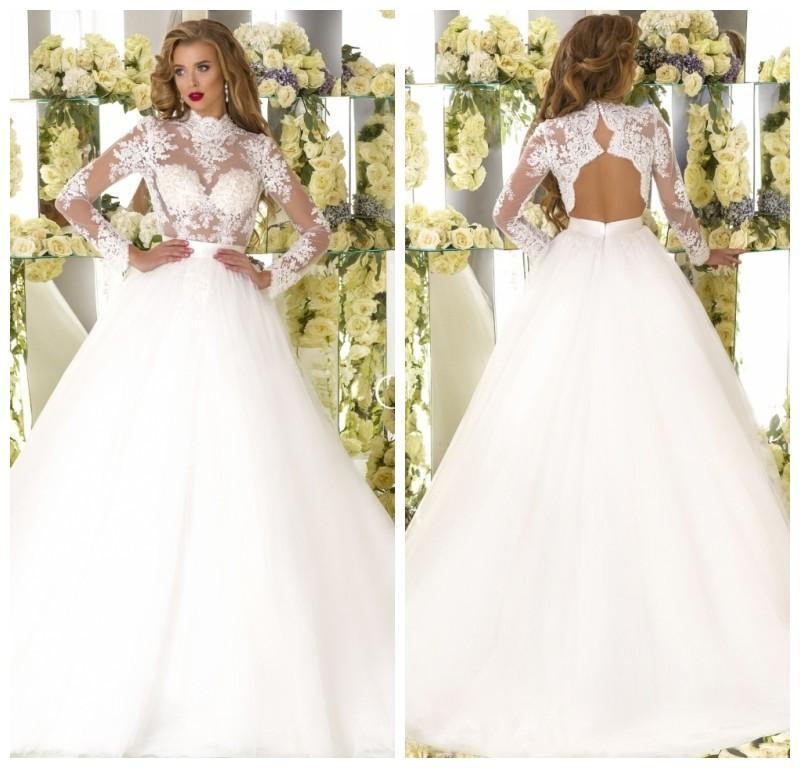 Mariage - Elegant Long Sleeves Lace Backless Wedding Dresses 2016 Applique Tulle Beach Boho Vestidos De Novia High Neck Bridal Gowns Ball Custom Online with $106.71/Piece on Hjklp88's Store 