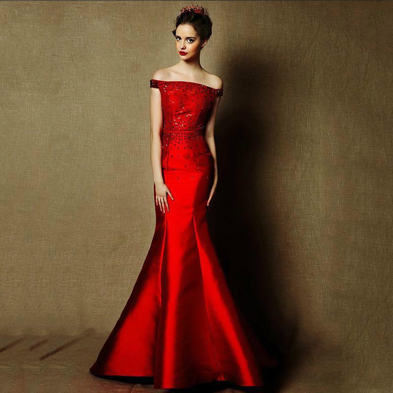 Mariage - Fashion Red 2016 Mermaid Evening Dresses Beads Crystal Long Prom Formal Celebrity Gowns Dresses Off Shoulder Satin Train Party Dresses Online with $101.31/Piece on Hjklp88's Store 