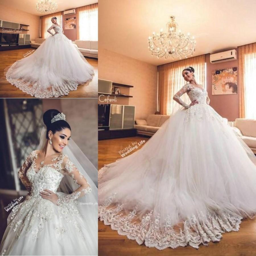 Hochzeit - Luxury Lace Applique Steven Khalil Wedding Dresses Ball with Long Sleeve 2016 Spring Sheer Dubai Arabic Plus Size Wedding Gowns Online with $120.62/Piece on Hjklp88's Store 