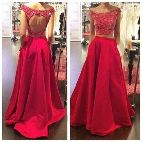 Wedding - 2016 New Two Pieces Evening Dresses With Scoop A Line Hollow Beads Crystals Red Satin Party Long Prom Gown Pageant Sweep Train Cheap Online with $103.67/Piece on Hjklp88's Store 