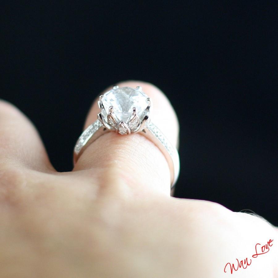 Mariage - Lotus Flower Diamond & White Sapphire Engagement ring 3.5 ct 9mm Round-Custom-Wedding-Anniversary-14k 18k White Yellow Rose Gold-Platinum