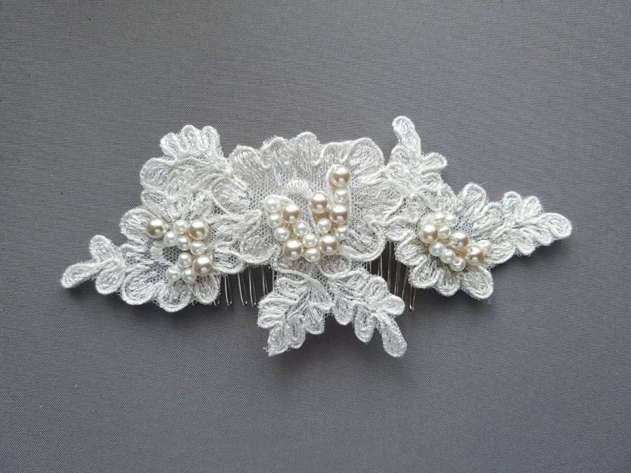 Hochzeit - Ready To Ship - OFD1 Handmade bridal lace hair piece with Swarovski pearls on hair comb.