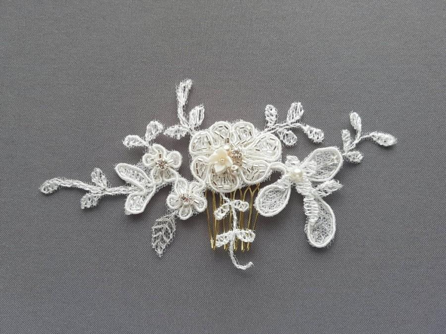 زفاف - Ready To Ship - OFD1 Handmade bridal lace hair piece with handbeaded Swarovski rhinestones, crystals & pearls.