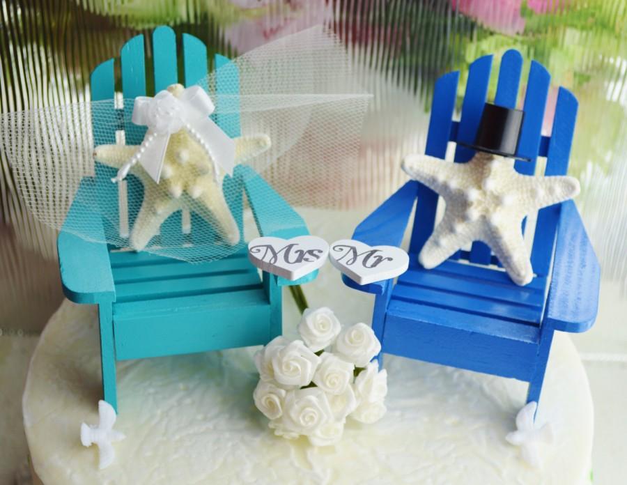 Свадьба - Wedding Cake Topper ~ Aqua and Royal Blue ~ Starfish Bride and Groom ~ Beach Wedding Decor