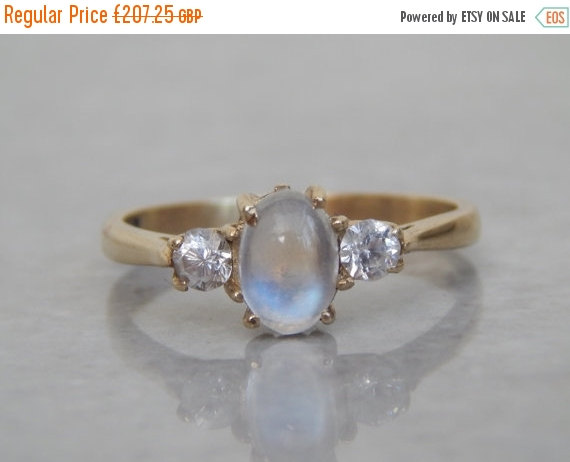 Wedding - Sale moonstone engagement ring with CZ accents in 9ct gold - vintage 1990s