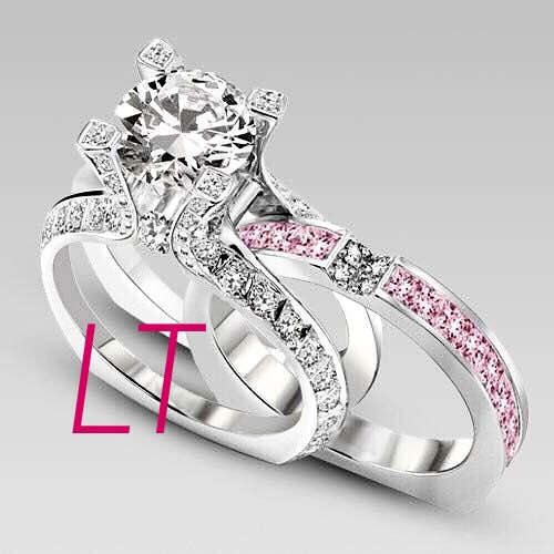 Hochzeit - Disney's Sleeping Beauty Princess Aurora Inspired White  and Pink 3.75Cts Swarovski Diamond on Sterling Silver or White Gold Engagement Set