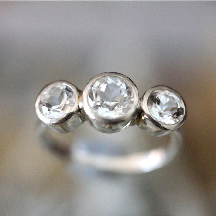 زفاف - White Topaz Sterling Silver Ring, Gemstone Ring, Three Stones Ring, Engagement Ring, Recycled Sterling Silver Ring -Made To Order