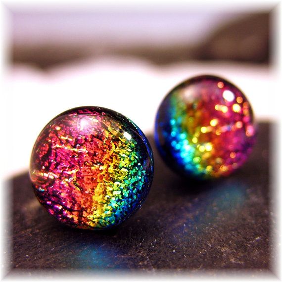 Hochzeit - Sparkling Dichroic Glass Rainbow Stud Earrings, Boho Chic, Fused Glass Post, Stud Earrings, Beach Stud Earrings, Pink Rainbow Studs