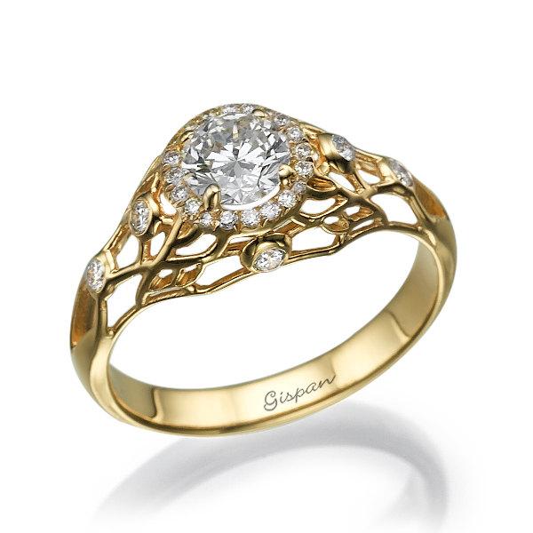 Wedding - Unique Engagement Ring, 14k Yellow Gold Ring, Engagement Band, Wedding Ring, Diamond Ring, filigree ring, Antique Ring, Vintage Ring