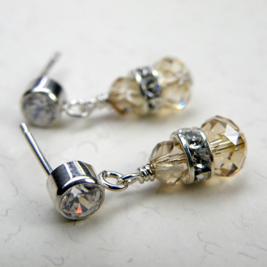 Свадьба - Champagne Crystal Earrings, Sterling Silver Posts, Petite Drop Rondelle, Bridesmaid Wedding Handmade Jewelry, Small Teen Girl Gift