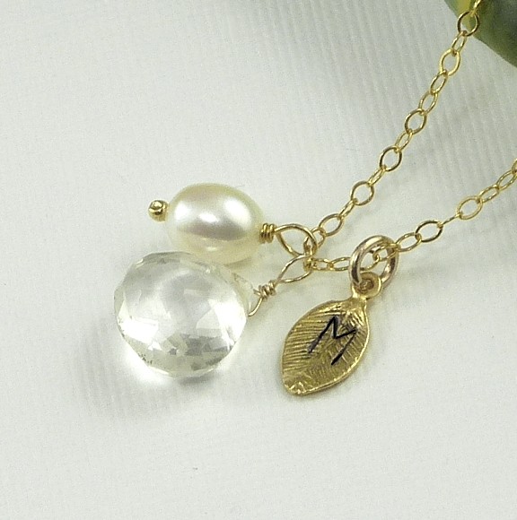 Mariage - Personalized Jewelry Gemstone Initial Leaf  Pearl Charm Necklace - Tokens Of Love - Handmade Wedding Jewelry Bride Bridal