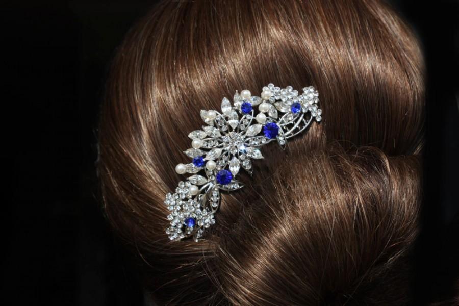 زفاف - sapphire blue swarovski crystal bridal hair comb royal blue rhinestone silver hair comb blue wedding hair comb bridal hair accessories blue