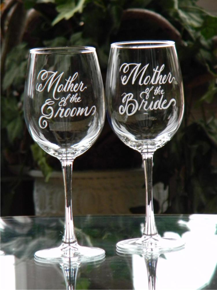 Wedding - Mother of the Bride and Groom Engraved Wine Glasses Personalized with your wedding date, Set of 2