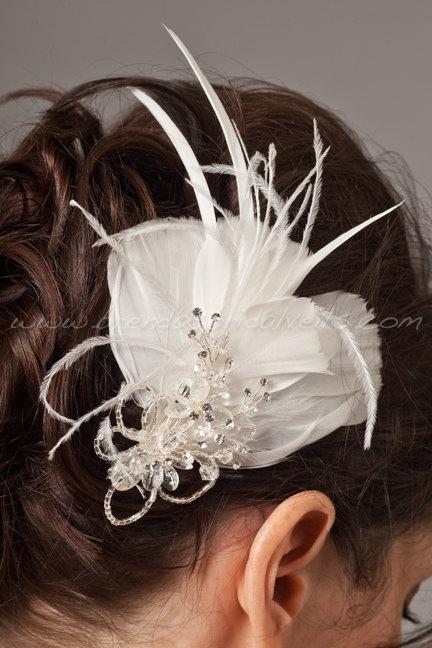 زفاف - Wedding Feather Fascinator, Bridal Hair Birdcage Fascinator, Bridal Headpiece - Frost