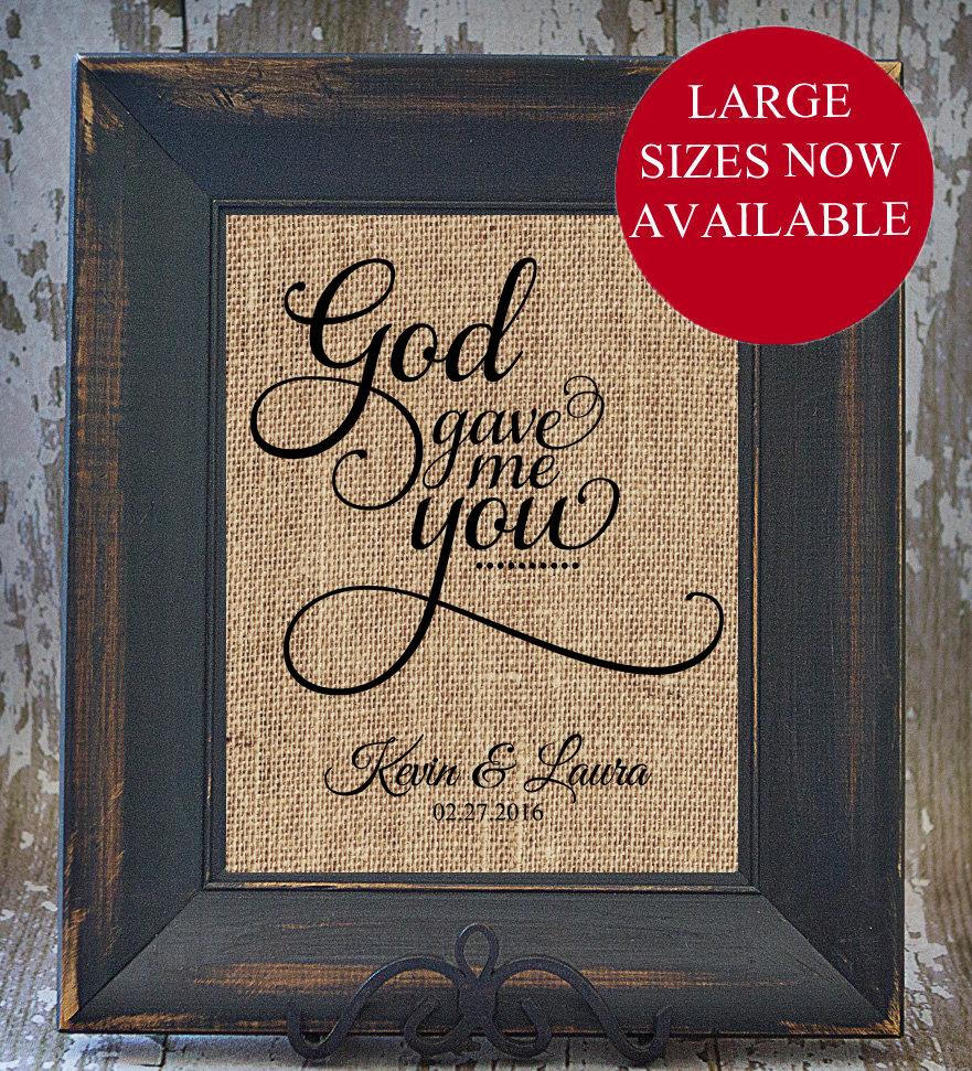 Mariage - God Gave Me You Rustic Wedding Fancy Scroll Personalized Burlap LOVE SONG Art Wedding Anniversary house warming gift