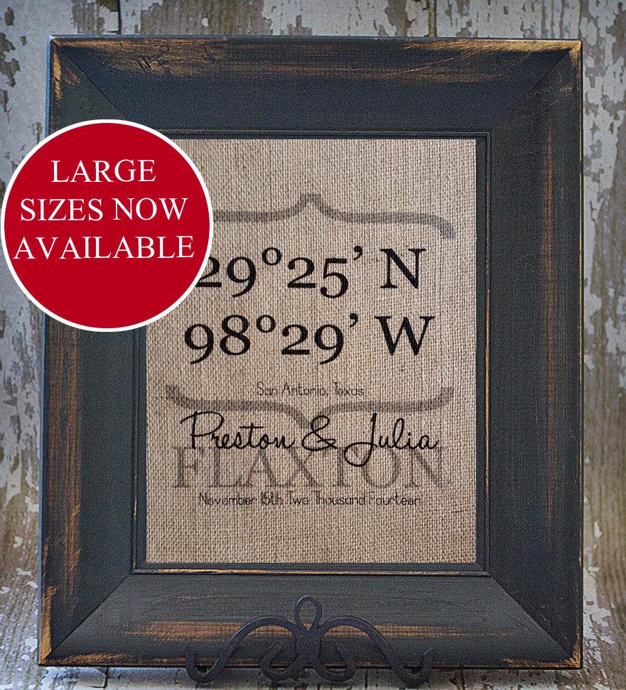 Mariage - LATITUDE and LONGITUDE BURLAP art print first and last name and est year, city and state or country