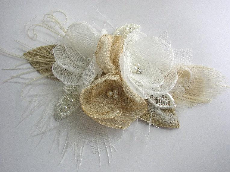 Свадьба - Rustic Hair Accessories - Rustic Wedding Hair Piece - Ivory Champagne Hair Flower - Bridal Headpiece - Fall Hairpiece - Burlap Lace Comb