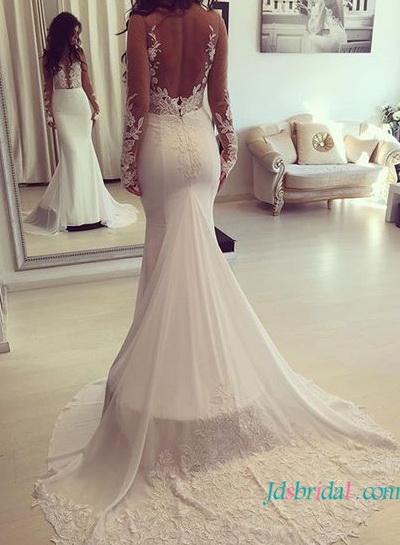 Wedding - H1629 Sexy sheer back illusion lace mermaid wedding dress with sleeves
