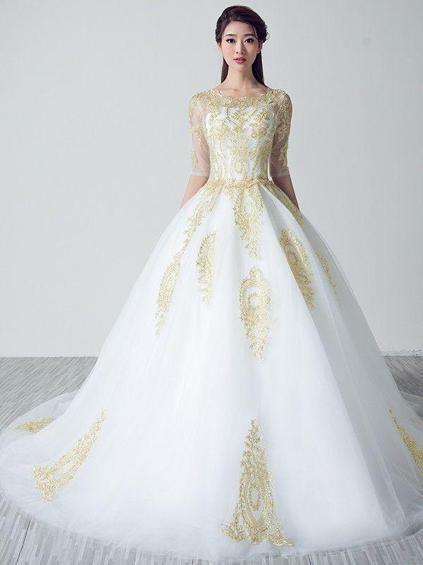 Hochzeit - White Wedding Dresses With Gold Lace Applique