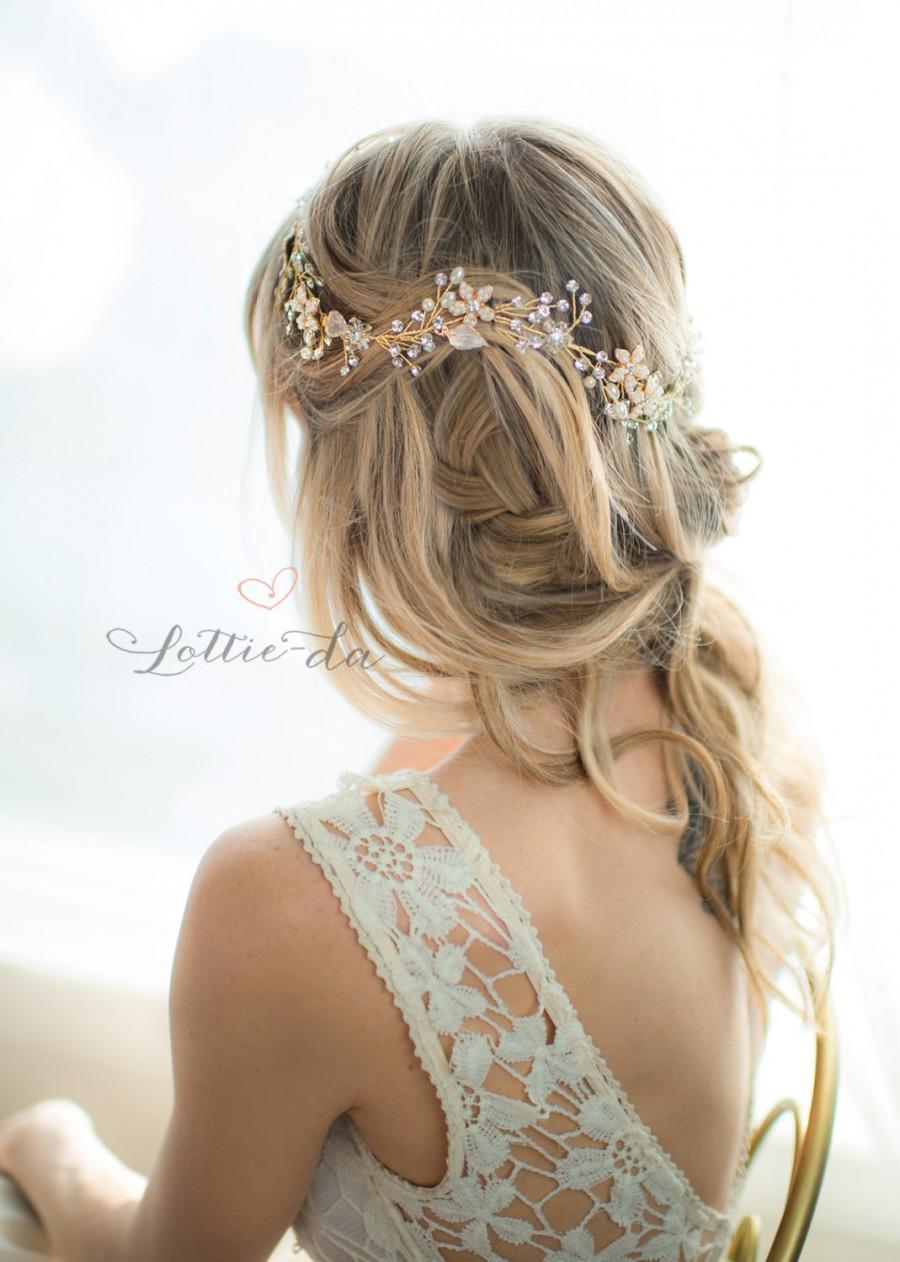 Wedding - Gold Boho Flower Crown Wedding Headpiece, Bridal Hair Vine, Hair Wreath, Wedding Pearl Hair Vine, Boho Headpiece - 'VIOLETTA LONG'