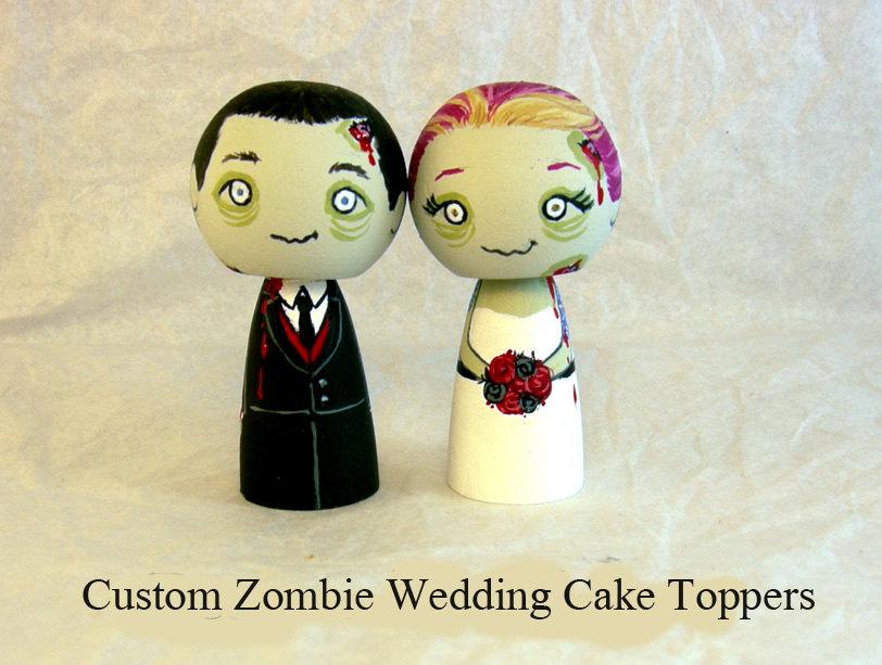 Wedding - Custom Zombie Wedding Cake Toppers Wood Kokeshi Doll Wedding Decor