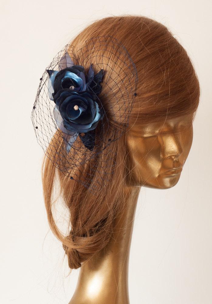 Mariage - BIRDCAGE VEIL. Navy Blue Veil .Romantic wedding Headpiece with beautifull,delicate Flowers.BRIDAL Fascinator